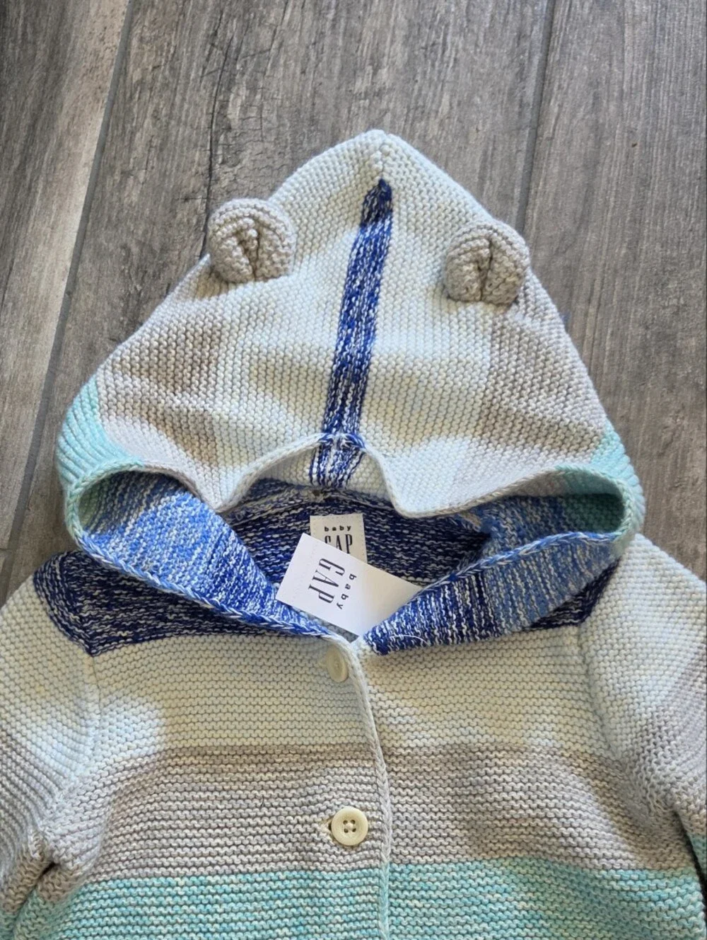 GAP Baby NWT 6-12 Months Blue/Teal Stripe Hooded Knit Cardigan